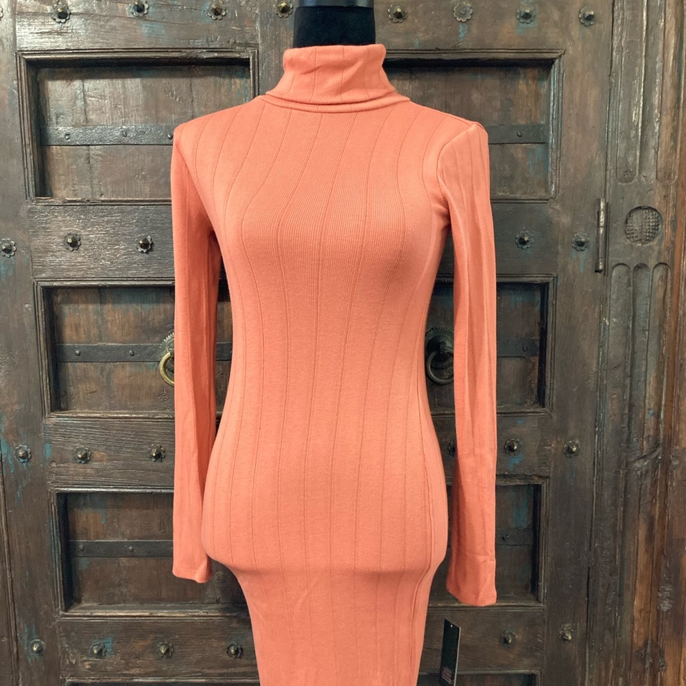 Salmon Bodycon Midi Dress Turtleneck Long Sleeve - Picture 2 of 6
